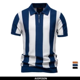 AIOPESON 2025 New Summer Men's Breathable Striped Contrast Panel Polo Shirt - Casual Short Sleeve Knit Shirt with Comfort Fit