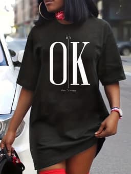 Women's Summer Casual It's OK Don't Worry Lip Print Loose Size Round Neck Short Sleeved T-Shirt Dress