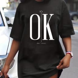 Women's Summer Casual It's OK Don't Worry Lip Print Loose Size Round Neck Short Sleeved T-Shirt Dress