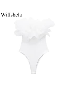 Willshela Women Fashion Ribbed Bodysuit With Organza Ruffle Vintage High Elastic Sexy y2k Female Chic Lady Tops body femme