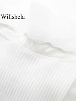 Willshela Women Fashion Ribbed Bodysuit With Organza Ruffle Vintage High Elastic Sexy y2k Female Chic Lady Tops body femme