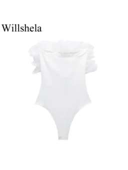Willshela Women Fashion Ribbed Bodysuit With Organza Ruffle Vintage High Elastic Sexy y2k Female Chic Lady Tops body femme