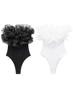 Willshela Women Fashion Ribbed Bodysuit With Organza Ruffle Vintage High Elastic Sexy y2k Female Chic Lady Tops body femme