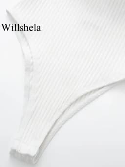Willshela Women Fashion Ribbed Bodysuit With Organza Ruffle Vintage High Elastic Sexy y2k Female Chic Lady Tops body femme