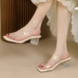 New Soft Padded Crystal Heeled Mules Woman Transparent Sandals Ladies Fashion Slip-on Square Toe Low Heel Clear Slipper Shoes