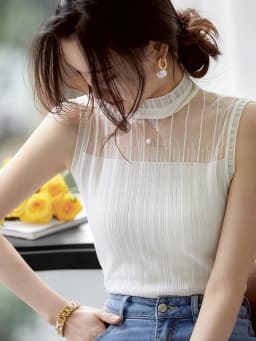 Sexy See-through Lace Tank Tops Women Summer Sleeveless Knitted Vest Casual Korean Half High Collar Camis Black White Top