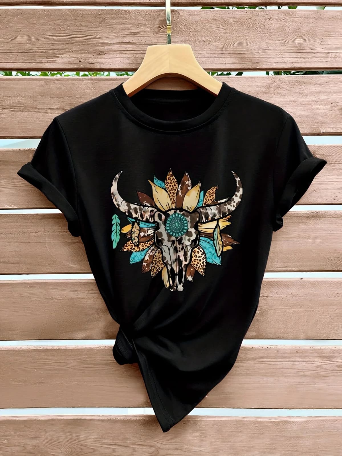 Cow Head Print T-shirt, Short Sleeve Crew Neck Casual Top For Summer & Spring, Women's Clothing