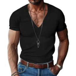 Men's Corduroy European and American Summer Men's V-Neck Solid Color Slim Casual T-Shirt