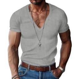 Men's Corduroy European and American Summer Men's V-Neck Solid Color Slim Casual T-Shirt