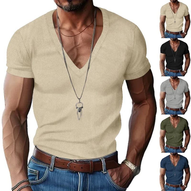 Men's Corduroy European and American Summer Men's V-Neck Solid Color Slim Casual T-Shirt