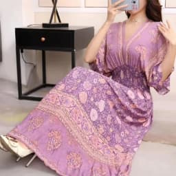 Plus Size Bohemian Summer Sweet Printed V-Neck Batwing Sleeved Beach Dress Women's Dress Ethnic Holiday Large Swing Midi Dress