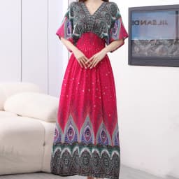 Plus Size Bohemian Summer Sweet Printed V-Neck Batwing Sleeved Beach Dress Women's Dress Ethnic Holiday Large Swing Midi Dress