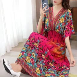 Plus Size Bohemian Summer Sweet Printed V-Neck Batwing Sleeved Beach Dress Women's Dress Ethnic Holiday Large Swing Midi Dress