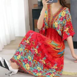 Plus Size Bohemian Summer Sweet Printed V-Neck Batwing Sleeved Beach Dress Women's Dress Ethnic Holiday Large Swing Midi Dress