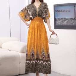 Plus Size Bohemian Summer Sweet Printed V-Neck Batwing Sleeved Beach Dress Women's Dress Ethnic Holiday Large Swing Midi Dress