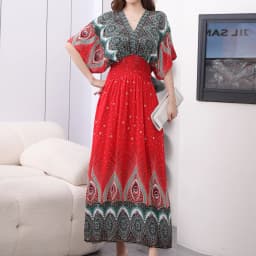 Plus Size Bohemian Summer Sweet Printed V-Neck Batwing Sleeved Beach Dress Women's Dress Ethnic Holiday Large Swing Midi Dress