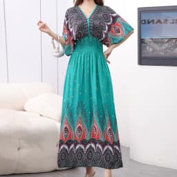 Plus Size Bohemian Summer Sweet Printed V-Neck Batwing Sleeved Beach Dress Women's Dress Ethnic Holiday Large Swing Midi Dress