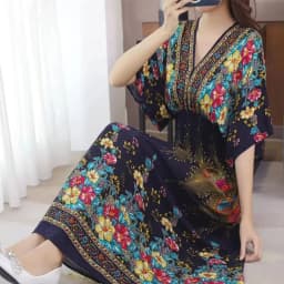 Plus Size Bohemian Summer Sweet Printed V-Neck Batwing Sleeved Beach Dress Women's Dress Ethnic Holiday Large Swing Midi Dress