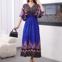 Plus Size Bohemian Summer Sweet Printed V-Neck Batwing Sleeved Beach Dress Women's Dress Ethnic Holiday Large Swing Midi Dress