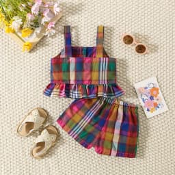 Summer New Baby Girls Two-Piece Set Plaid Pattern Sweet Two-Piece Set Pastoral Ruffled Lace Buttons + Shorts