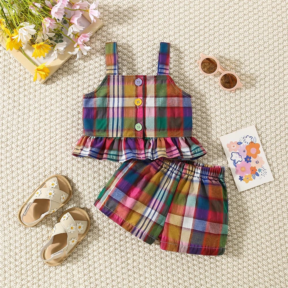 Summer New Baby Girls Two-Piece Set Plaid Pattern Sweet Two-Piece Set Pastoral Ruffled Lace Buttons + Shorts