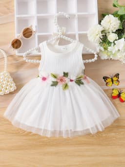 Baby and toddler girls summer sleeveless waist flower patchwork mesh sweet dress