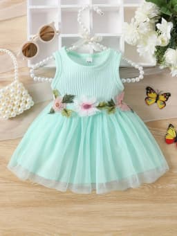 Baby and toddler girls summer sleeveless waist flower patchwork mesh sweet dress