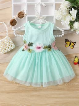 Baby and toddler girls summer sleeveless waist flower patchwork mesh sweet dress