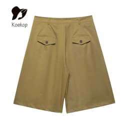 Koekop Women's Fashion Solid Color Lapel Pocket Embellished Shirt and Vintage Casual Women's Funky Ladies Pleated Shorts