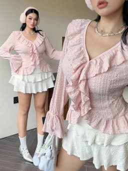 Plus Size Womens Elegant French Ruffle Flared Sleeve Women's Blouse Pink V-Neck Bubble Sleeve Sweetheart