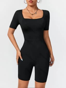 Women's Jumpsuit Suitable For All Seasons Slim Fit Simple Knit High Elasticity Square Neck Short Sleeved Top And Shorts Jumpsuit