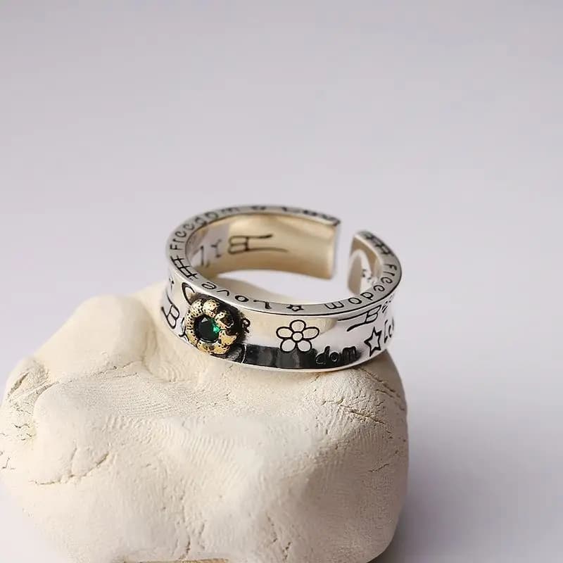 925 Sterling Silver Graffiti Green Zircon Rings For Women Couple Wedding Vintage Luxury Jewelry Accessories Wholesale Jewellery