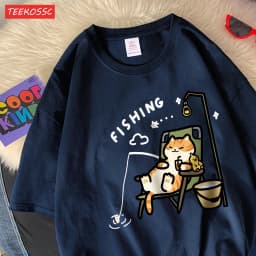The Kitten Is Fishingcotton Women T-Shirts Cartoons Printing T Shirts Loose O-Neck Soft Short Sleeve Tops Summer Woman Clothes
