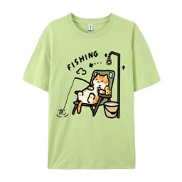 The Kitten Is Fishingcotton Women T-Shirts Cartoons Printing T Shirts Loose O-Neck Soft Short Sleeve Tops Summer Woman Clothes