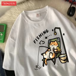 The Kitten Is Fishingcotton Women T-Shirts Cartoons Printing T Shirts Loose O-Neck Soft Short Sleeve Tops Summer Woman Clothes