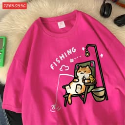 The Kitten Is Fishingcotton Women T-Shirts Cartoons Printing T Shirts Loose O-Neck Soft Short Sleeve Tops Summer Woman Clothes