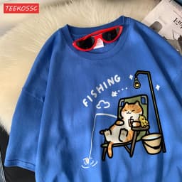 The Kitten Is Fishingcotton Women T-Shirts Cartoons Printing T Shirts Loose O-Neck Soft Short Sleeve Tops Summer Woman Clothes