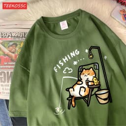 The Kitten Is Fishingcotton Women T-Shirts Cartoons Printing T Shirts Loose O-Neck Soft Short Sleeve Tops Summer Woman Clothes