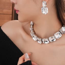 Inlaid Rhinestone Square Earrings Necklace Two-piece Set Fashion Versatile Exaggerated Temperament Light Luxury Accessories Sets