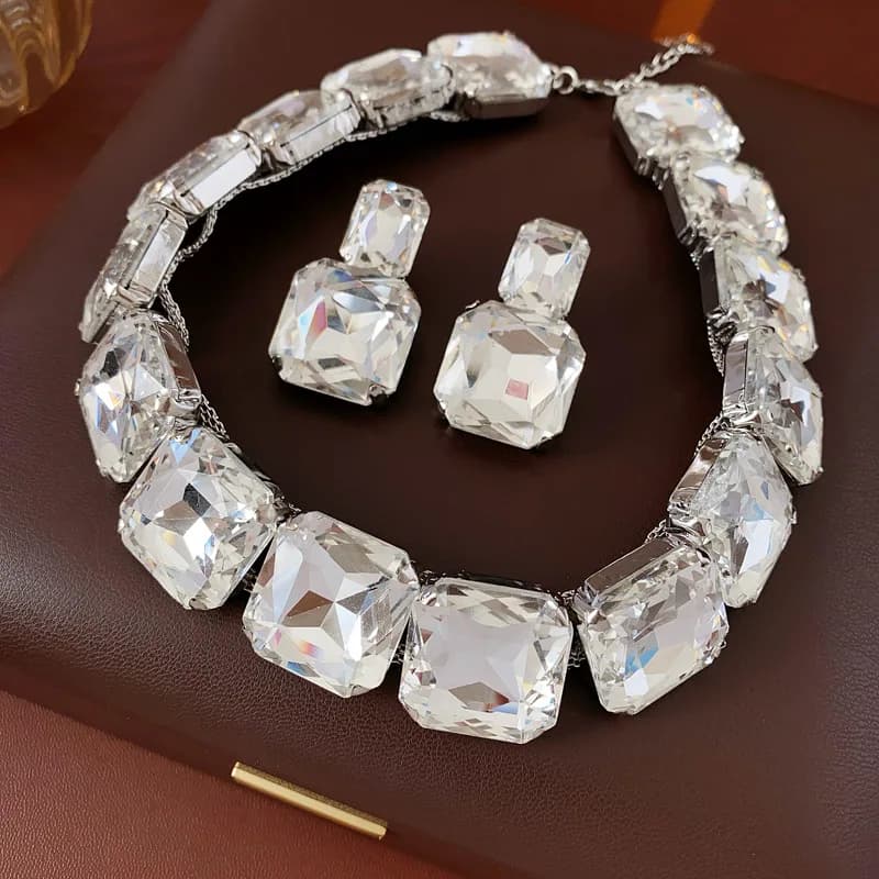 Inlaid Rhinestone Square Earrings Necklace Two-piece Set Fashion Versatile Exaggerated Temperament Light Luxury Accessories Sets