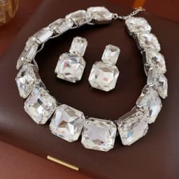 Inlaid Rhinestone Square Earrings Necklace Two-piece Set Fashion Versatile Exaggerated Temperament Light Luxury Accessories Sets