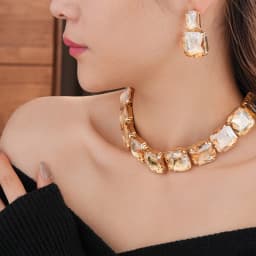 Inlaid Rhinestone Square Earrings Necklace Two-piece Set Fashion Versatile Exaggerated Temperament Light Luxury Accessories Sets