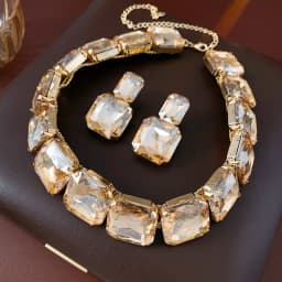 Inlaid Rhinestone Square Earrings Necklace Two-piece Set Fashion Versatile Exaggerated Temperament Light Luxury Accessories Sets
