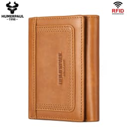 HUMERPAUL Genuine Leather Trifold Short Wallet for Mens High Quality Zipper Coin Pocket Slim RFID Card Holder Money Bags