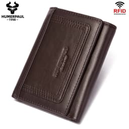 HUMERPAUL Genuine Leather Trifold Short Wallet for Mens High Quality Zipper Coin Pocket Slim RFID Card Holder Money Bags