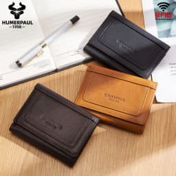 HUMERPAUL Genuine Leather Trifold Short Wallet for Mens High Quality Zipper Coin Pocket Slim RFID Card Holder Money Bags