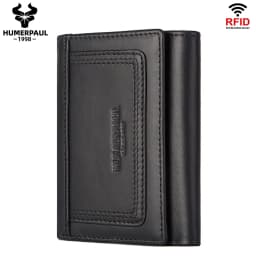 HUMERPAUL Genuine Leather Trifold Short Wallet for Mens High Quality Zipper Coin Pocket Slim RFID Card Holder Money Bags