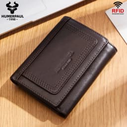 HUMERPAUL Genuine Leather Trifold Short Wallet for Mens High Quality Zipper Coin Pocket Slim RFID Card Holder Money Bags