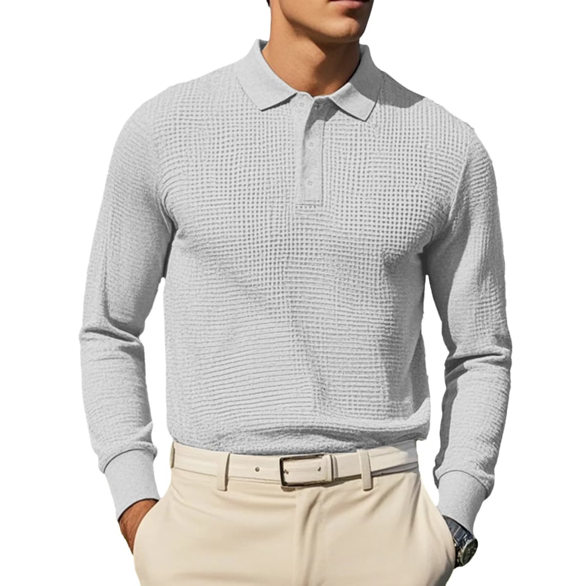 New Cross-Border Men's Autumn and Winter Waffle Lapel Button-Up Long-Sleeved Casual Polo Shirt T-Shirt