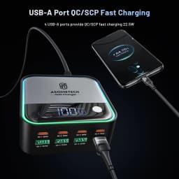 GaN USB C Charger 8 Port Mini Desktop Charger Ambient Lighting Display 4 X 100W PD PPS Fast Charger For Laptop iPhone 15 Samsung